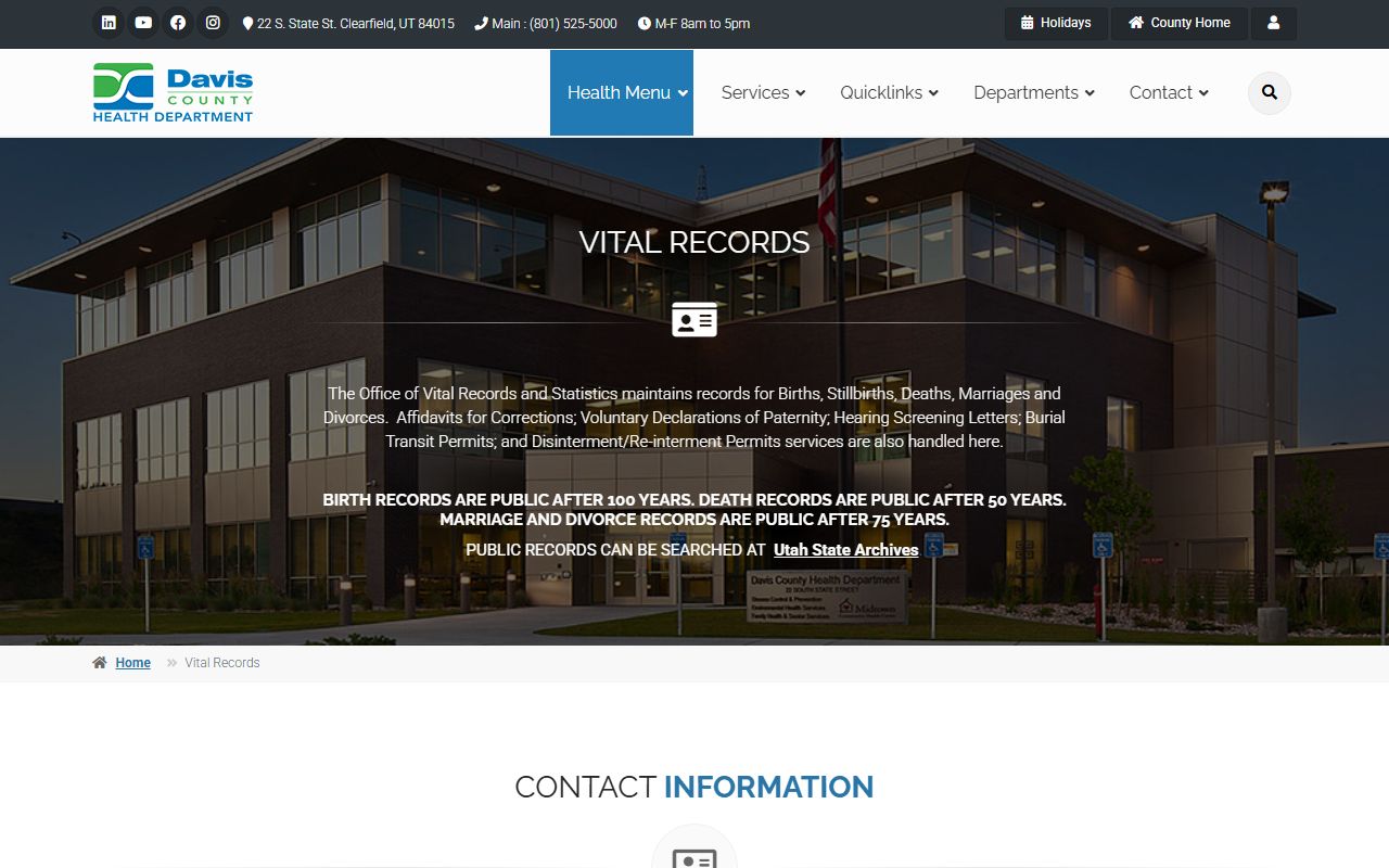 Davis County Health Department in Farmington for Layton death index records