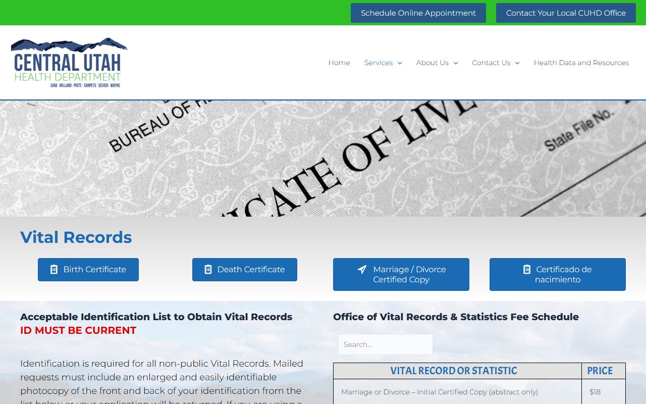 Central Utah Public Health vital records office serving the region around Orem