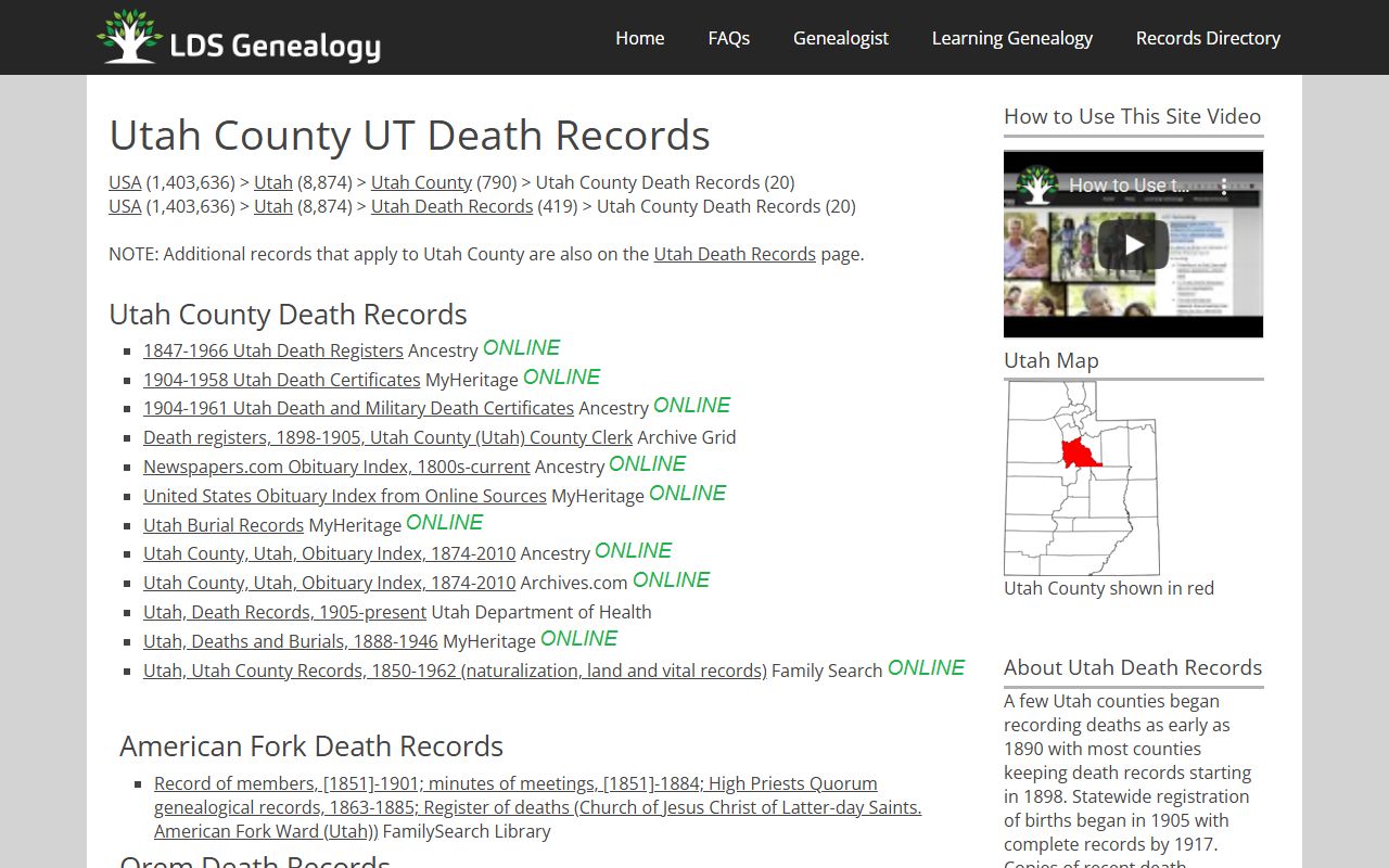 LDS Genealogy website for Provo and Utah County death index records