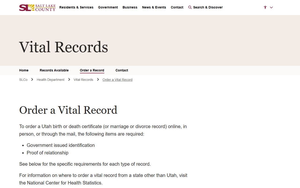 Salt Lake County Health Department ordering page for Salt Lake City death index records