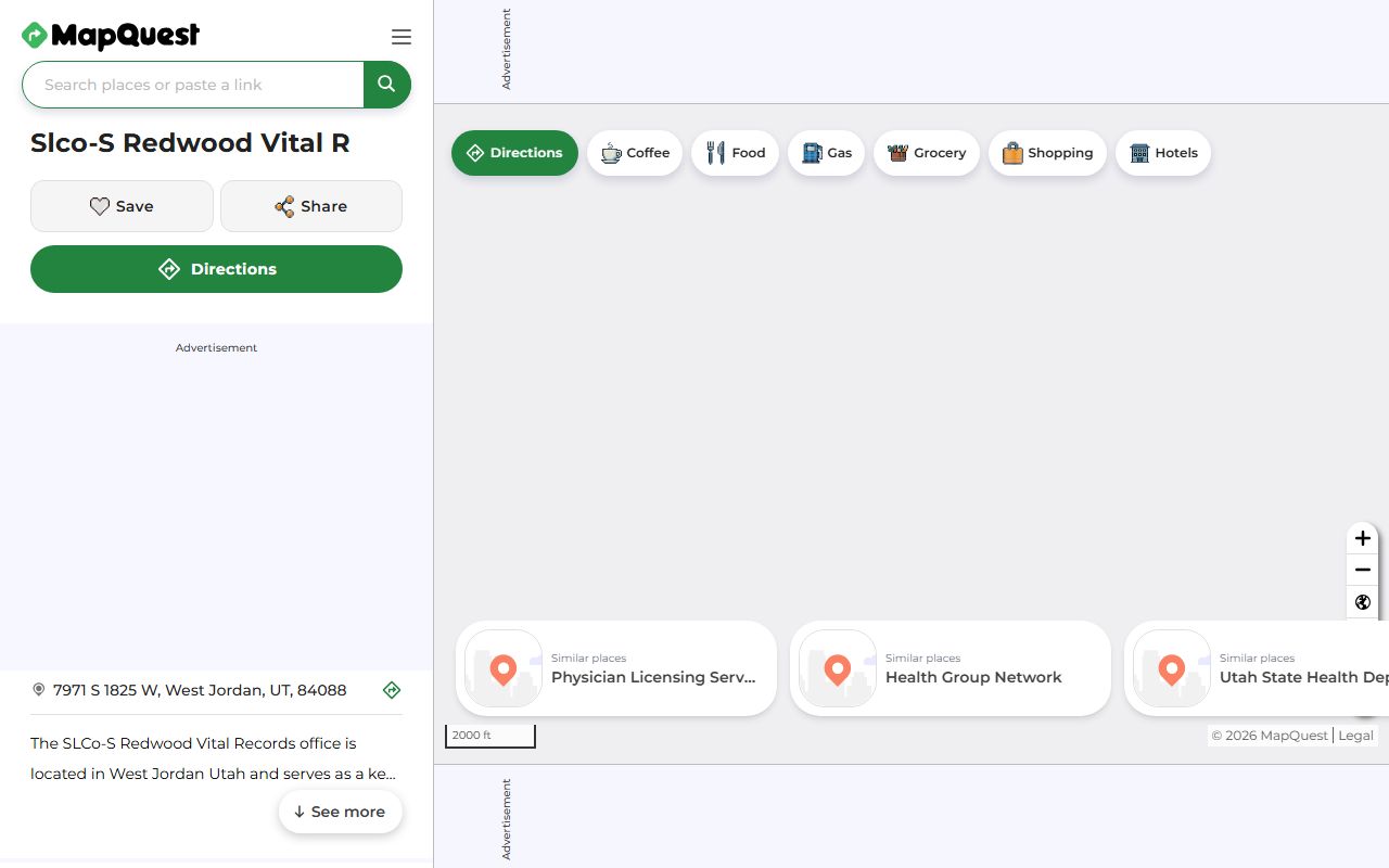 MapQuest showing South Redwood Public Health Center for West Jordan death index