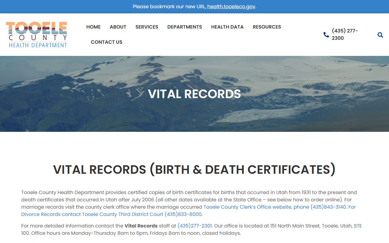 Tooele County Health Department vital records office for death index records