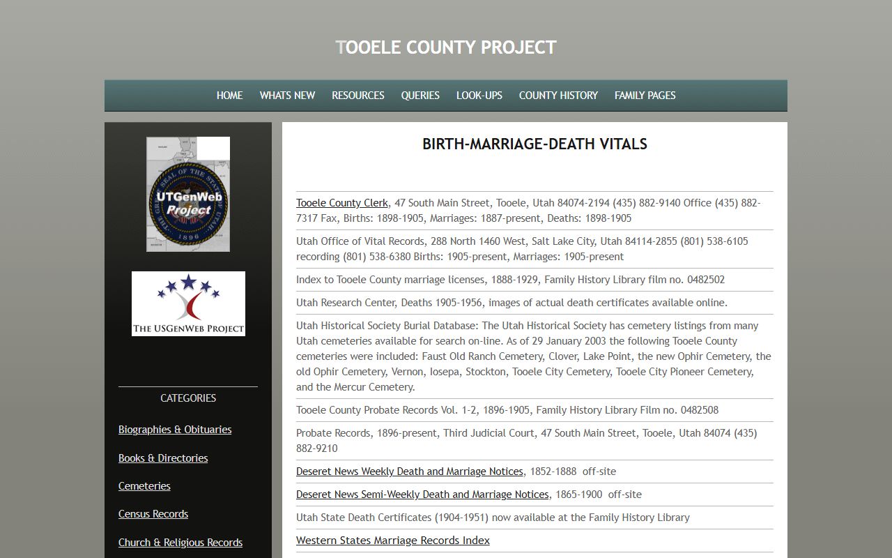 USGenWeb Tooele County death index and genealogy records