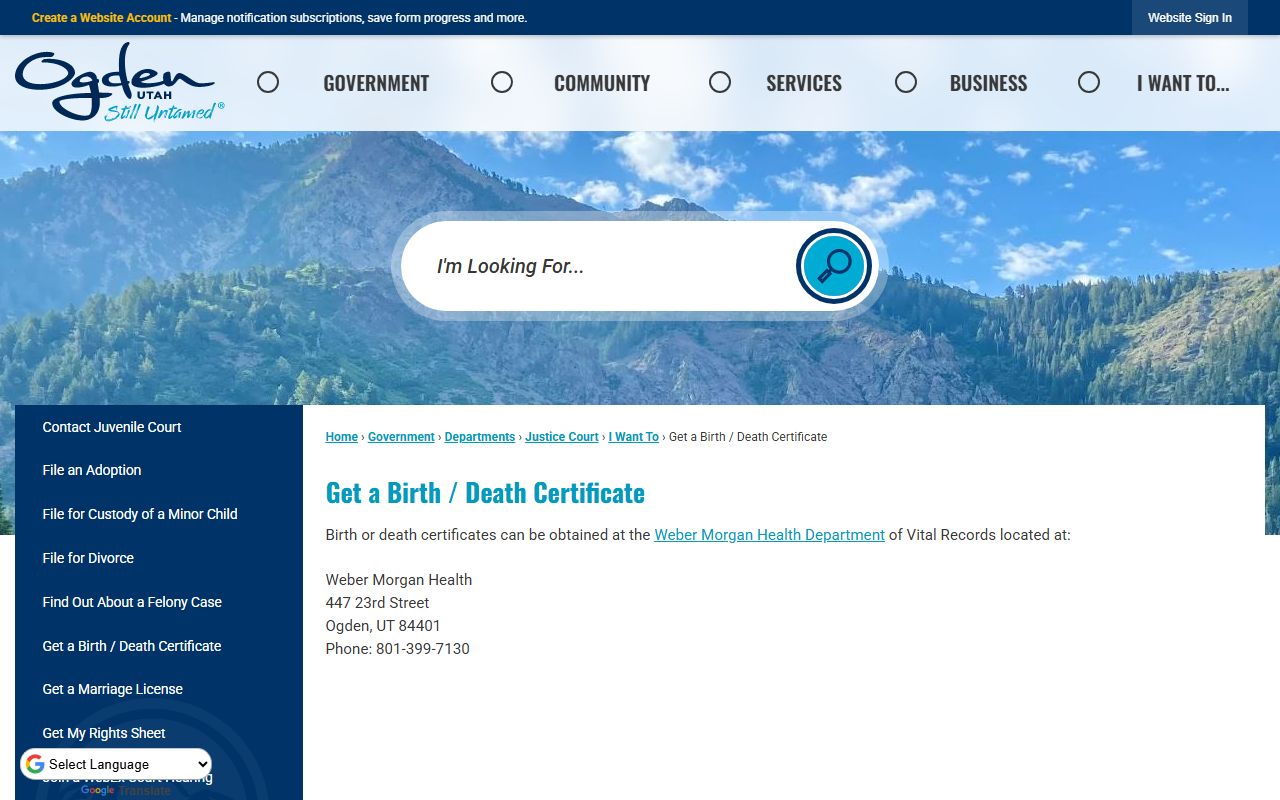 Ogden City website showing how to get a death certificate in Weber County