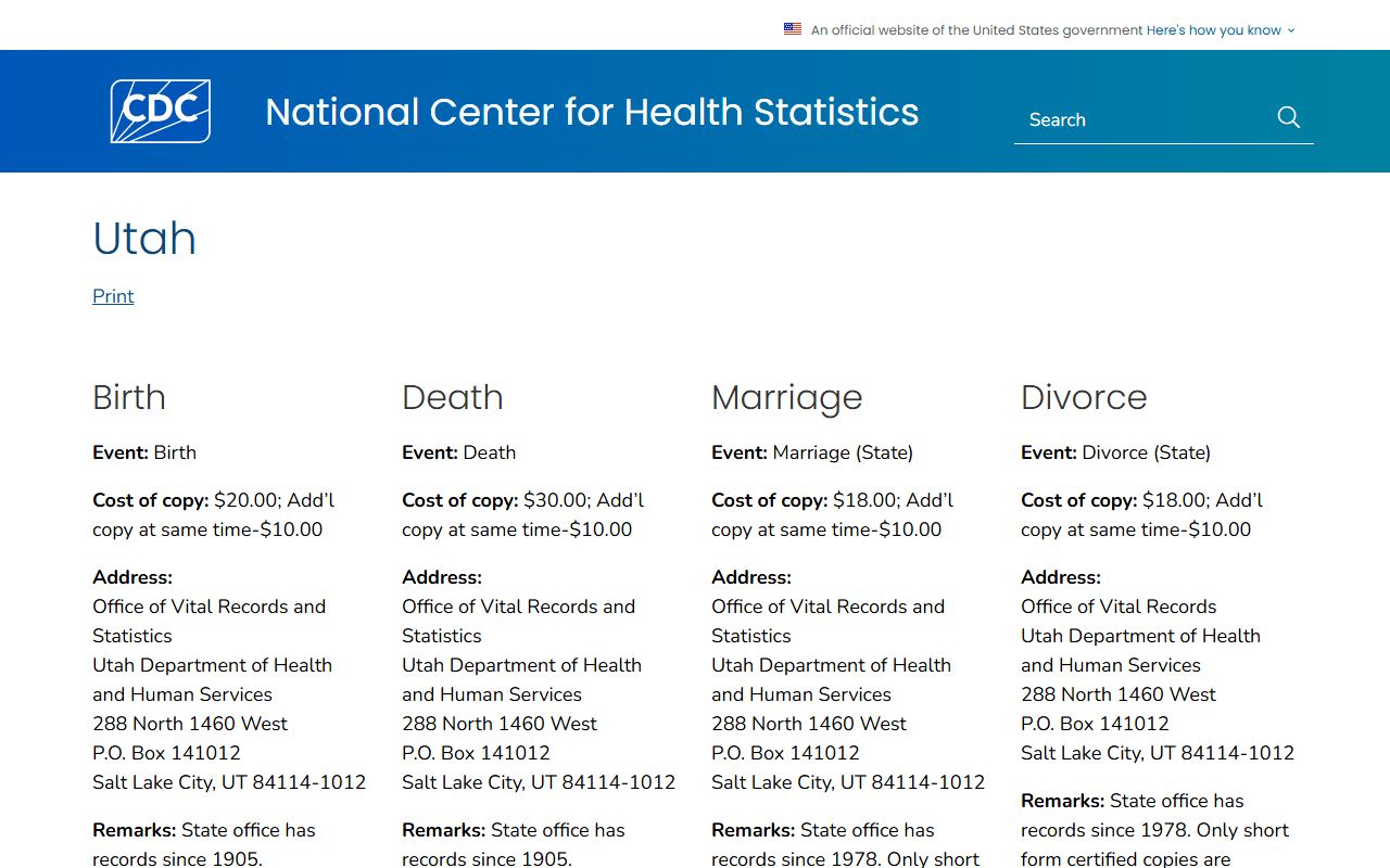 CDC Utah vital records information page for death index and certificate access