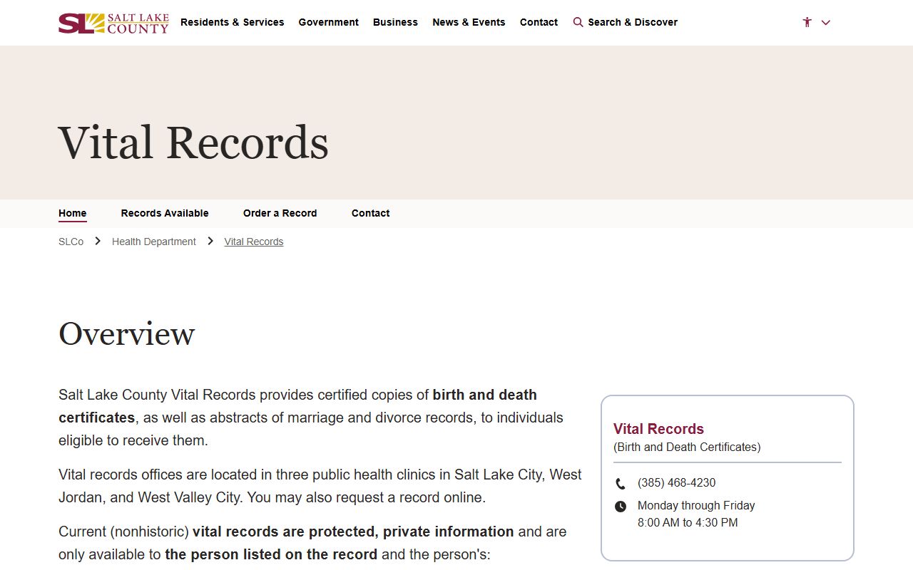 Salt Lake County Vital Records office website for Utah death index and certificates