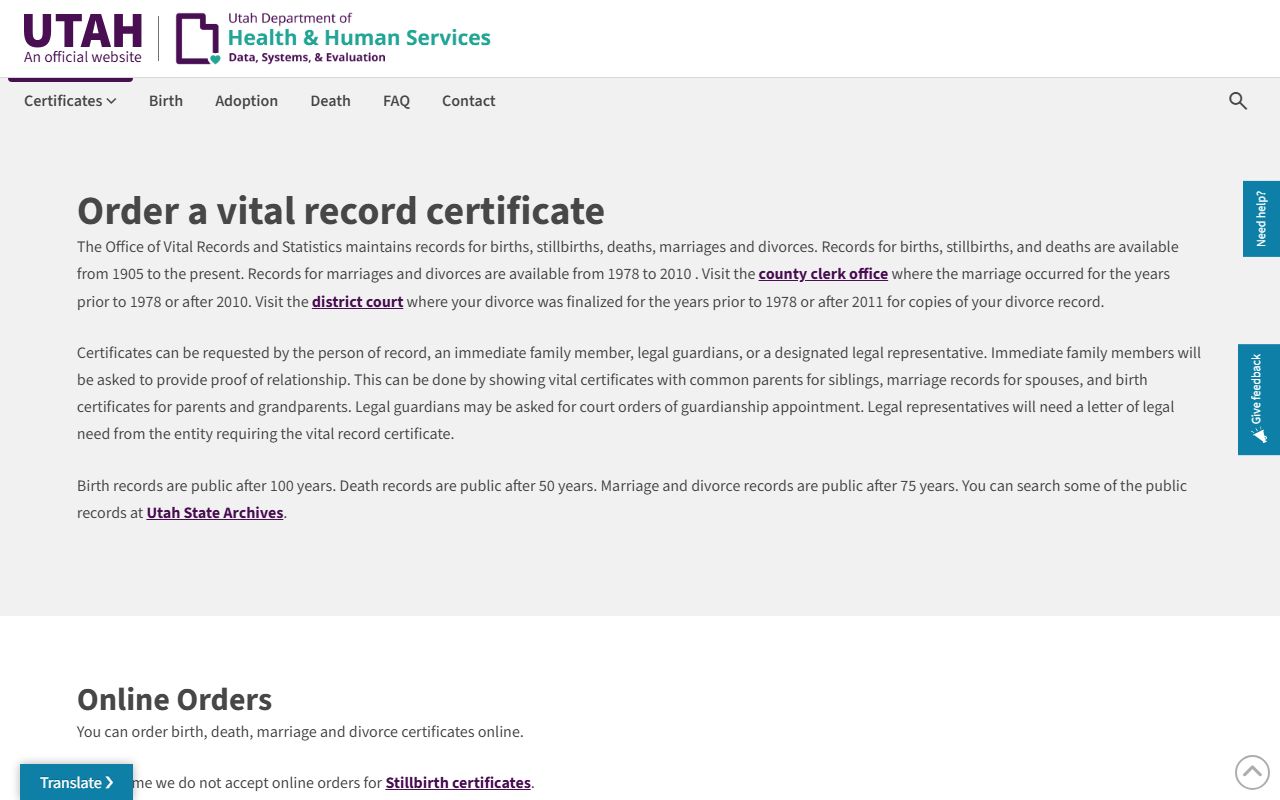 Utah Office of Vital Records certificate ordering page for death index requests