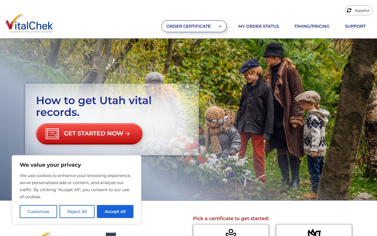 VitalChek authorized online ordering portal for Utah death certificates
