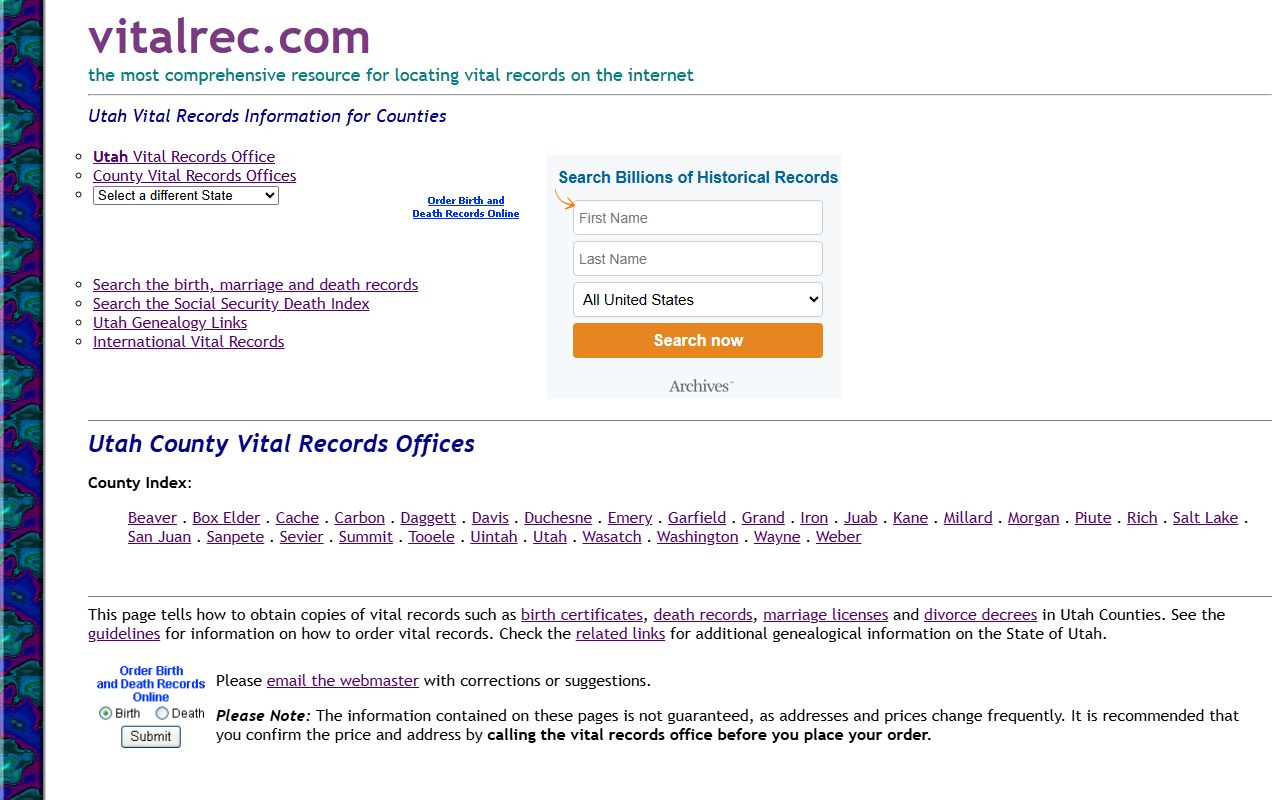 VitalRec.com Utah county vital records offices for death index access